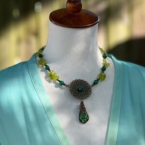 Green stone necklace statement art glass floral pendant chunky boho peacock